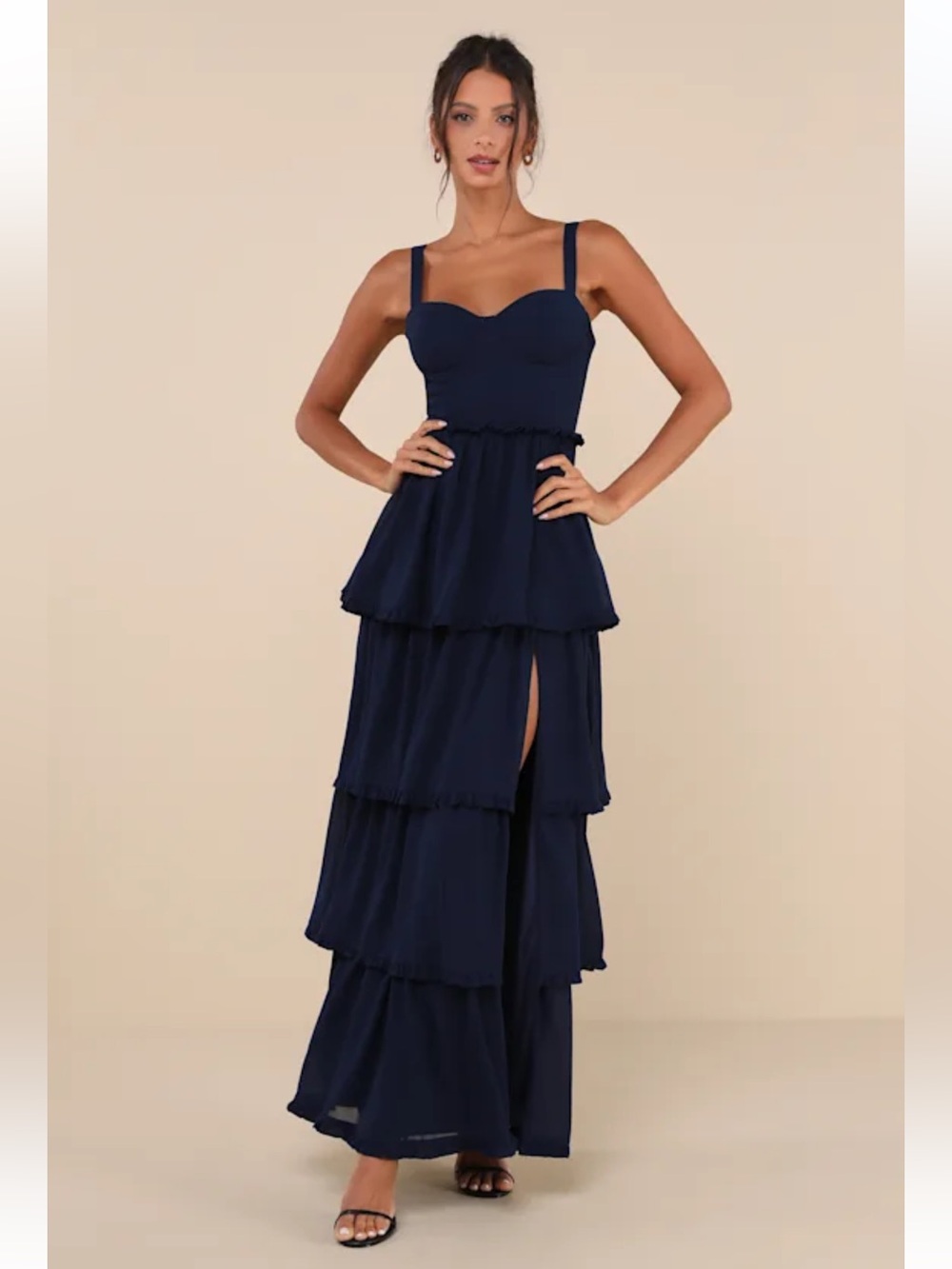 Lulus Sophisticated Occasion Bustier Lace Up Maxi Dress Size Large Navy Ruffles